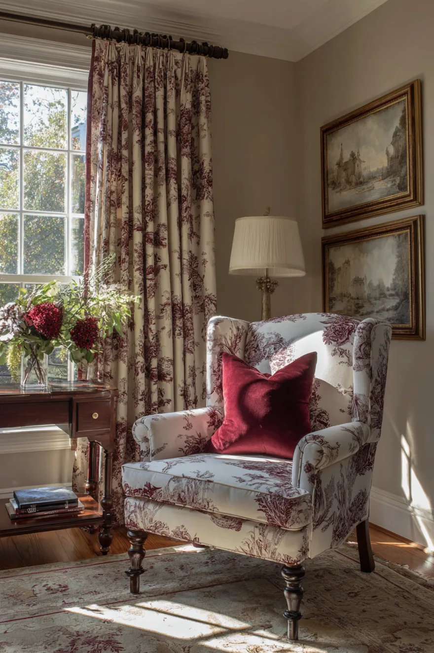 A burgundy and cream toile patterned armchair sits next to matching floor-length curtains in a sunlit room. A small dark wood side table holds a vase of deep red flowers and a book, while traditional landscape paintings hang on the wall.