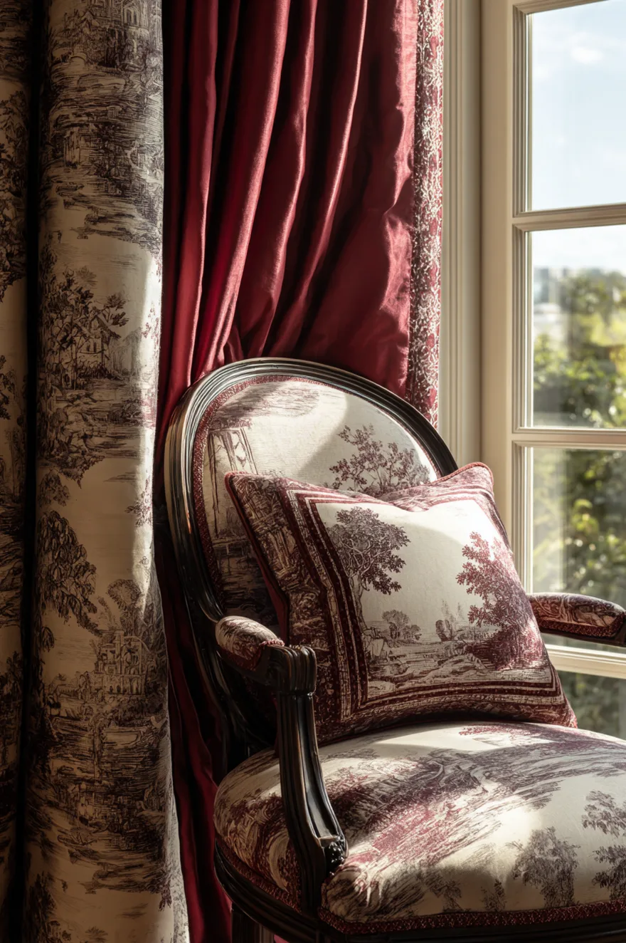 A detailed view of a traditional chair upholstered in burgundy toile fabric featuring pastoral scenes. A matching patterned pillow sits on the seat, and floor-length toile curtains frame a window in the background, showing the intricate detail of the print.