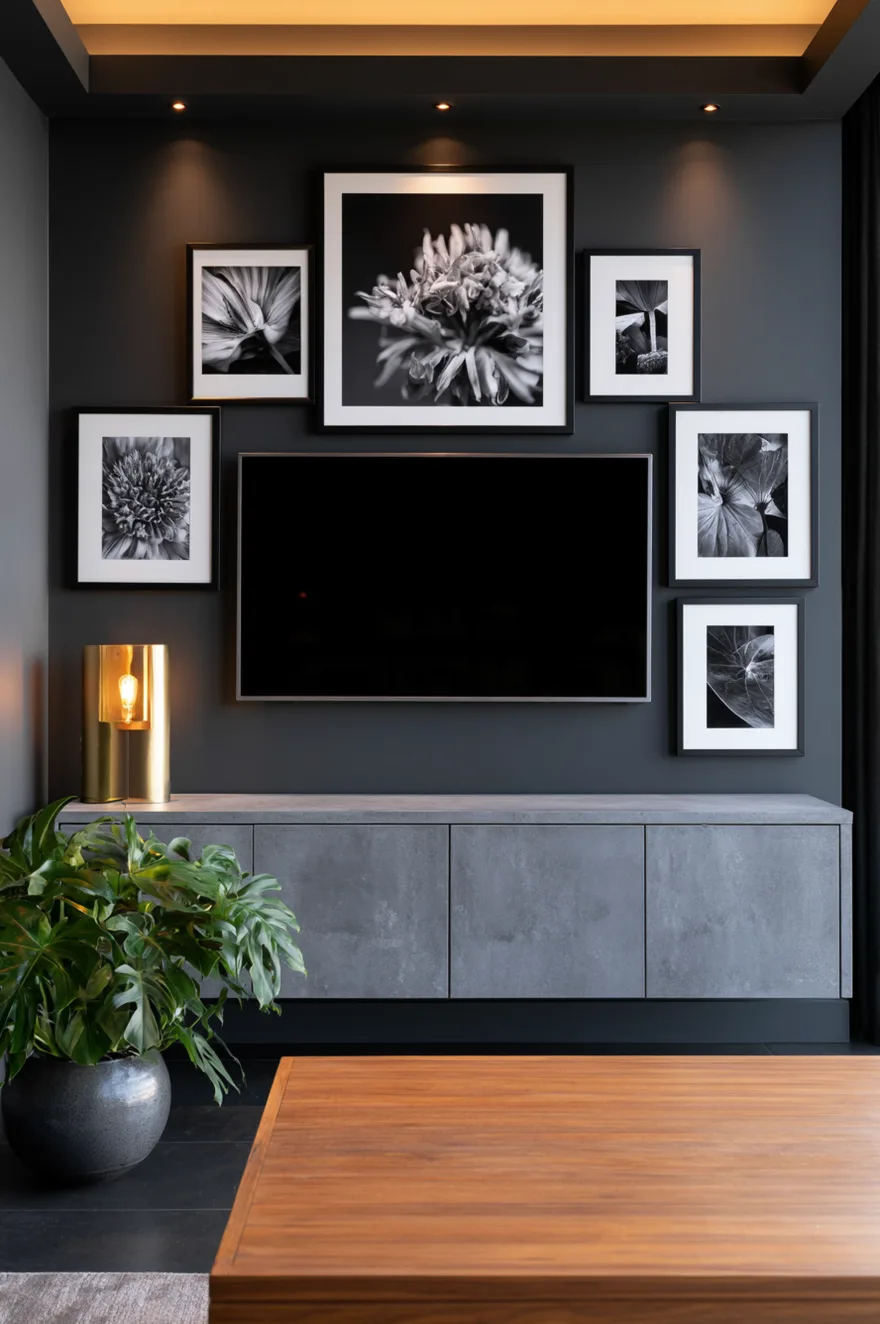 Mood-lit contemporary media room with a matte dark slate-grey accent wall holding six black-framed prints with wide white matting arranged in a structured grid pattern around a centered television. The black-and-white prints feature artistic macro floral and botanical photography. Below sits a long, floating concrete-look media console in cool grey, accented on the left by a glowing cylindrical brass table lamp with an exposed bulb. A large lush split-leaf monstera plant in a dark floor pot stands on the left floor.