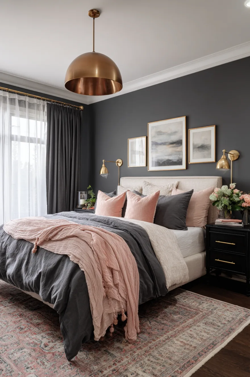 Modern moody bedroom corner with black furniture, a large black and gold geometric wall mirror, and brass drawer hardware.