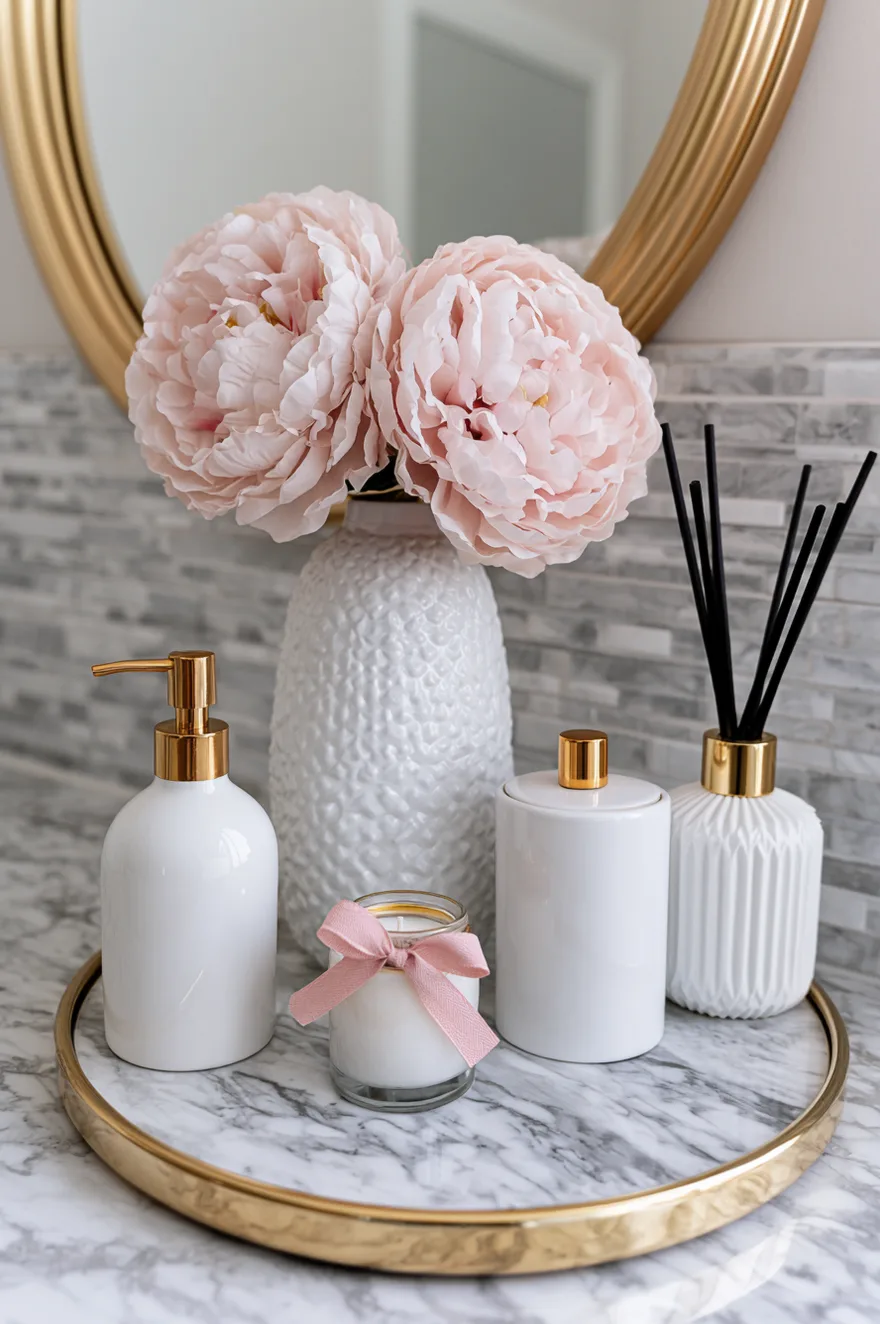 Round gold-rimmed marble tray holding a textured white vase with pink peonies, a white pump dispenser, white canisters with gold accents, and a small candle with a pink bow.