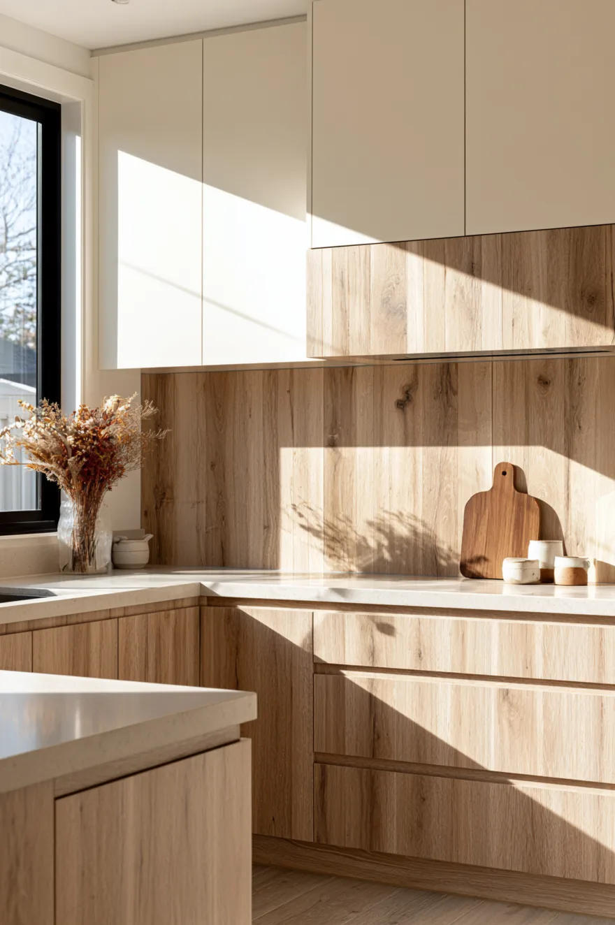 Vertical plank white oak wood backsplash and matching integrated custom range hood, white upper cabinets, matching light wood lower cabinets, white quartz countertop under bright direct sunlight.