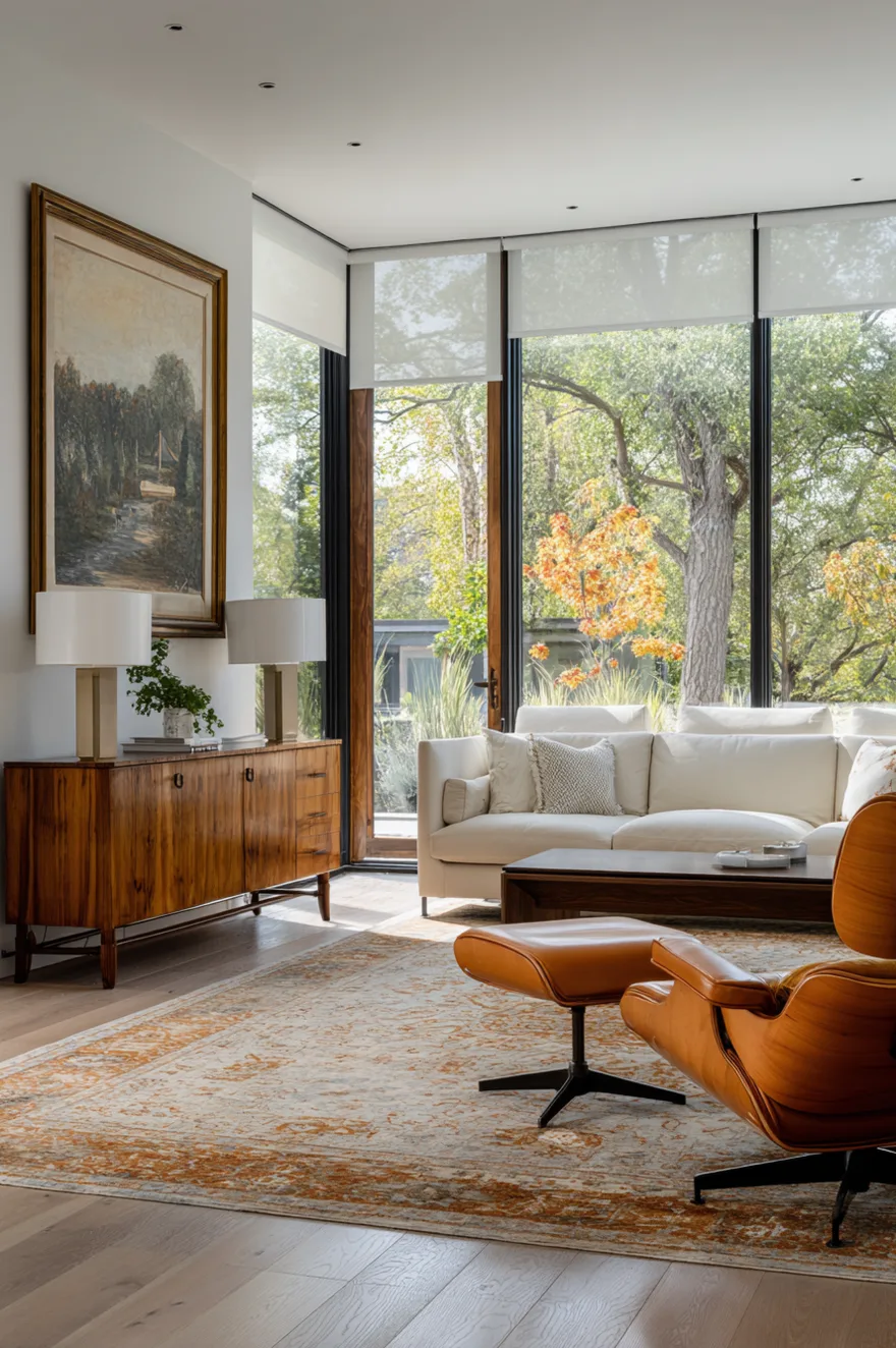 A sunlit living room blending a modern white sofa with a classic brown leather mid-century lounge chair and ottoman. A vintage wooden credenza sits against the wall under a large framed painting and two table lamps.