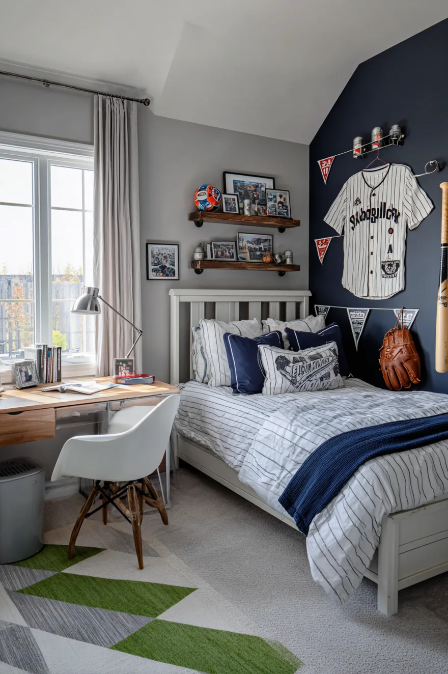 A baseball themed boys bedroom featuring a white bed with navy blue bedding, framed baseball art, and a display of baseball bats on the wall.
