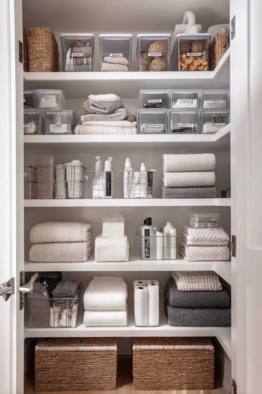 A floor-to-ceiling wooden built-in shelving unit with multiple shelves. It is organized with various white woven storage bins and rectangular baskets, each featuring a specific label. Visible labels read "TOWELS", "BACKUP STOCK", "CLEANING", and "HAIR TOOLS". Neat stacks of folded white and grey towels are arranged on intermediate shelves.