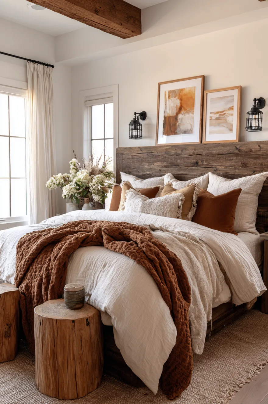 A bedroom featuring a reclaimed wood headboard and exposed wooden ceiling beams. The bed is styled with white linens, a textured rust blanket, and matching rust pillows, complemented by industrial cage sconces and wood stump side tables.