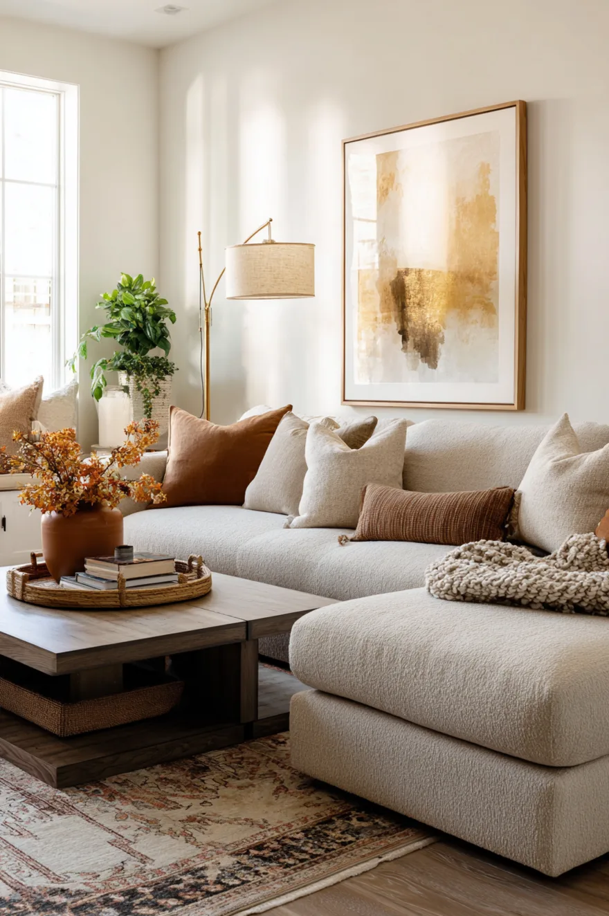 A warm and textured living room with a large beige sectional sofa. The sofa is styled with a chunky white knit blanket, a terracotta throw, and tan pillows on a jute rug.