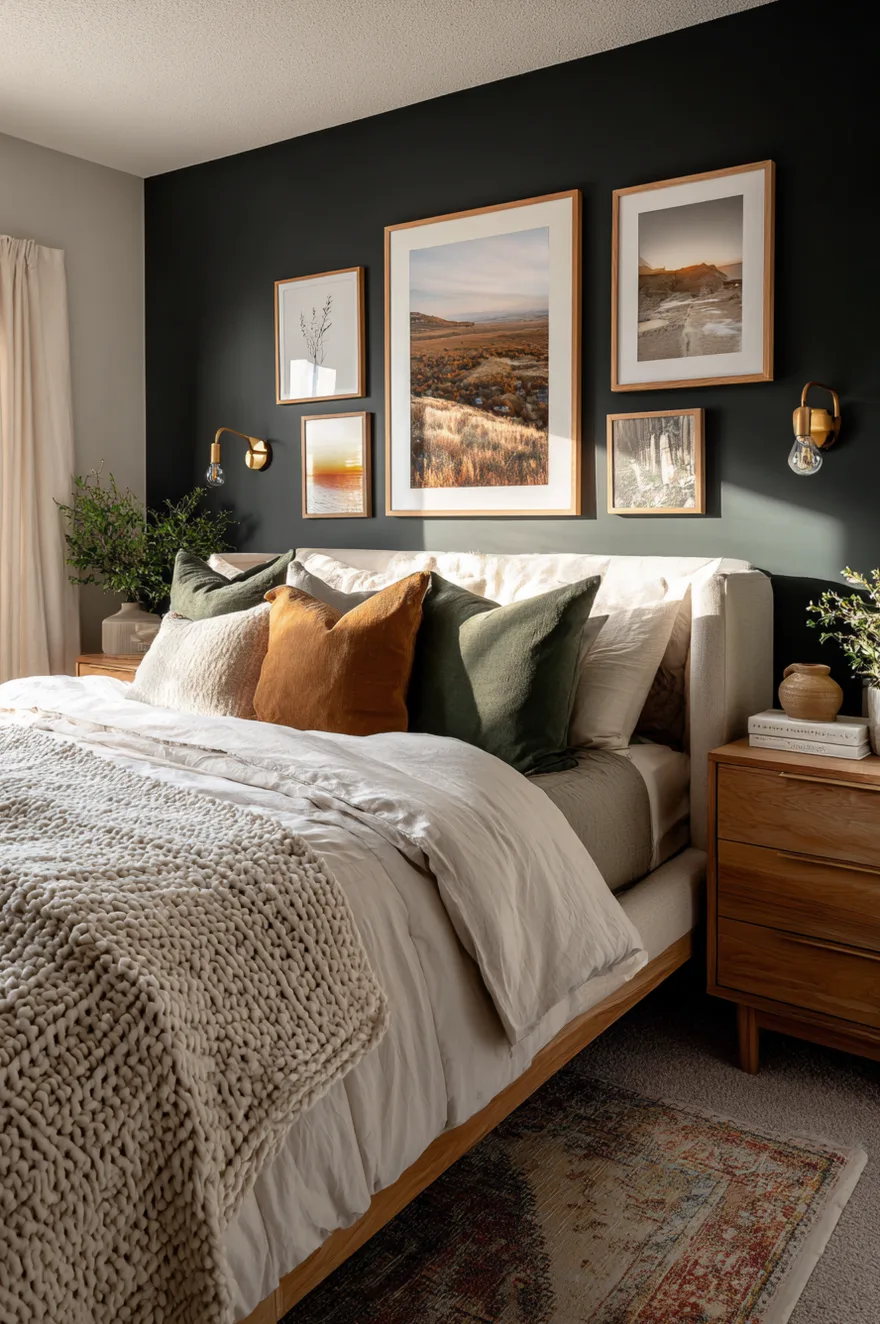 A cozy bedroom with a dark accent wall showcasing a curated gallery wall of landscape photography in light wood frames. A cream upholstered bed is layered with a chunky knit blanket, olive green pillows, and rust accents, flanked by wood nightstands and brass sconces.