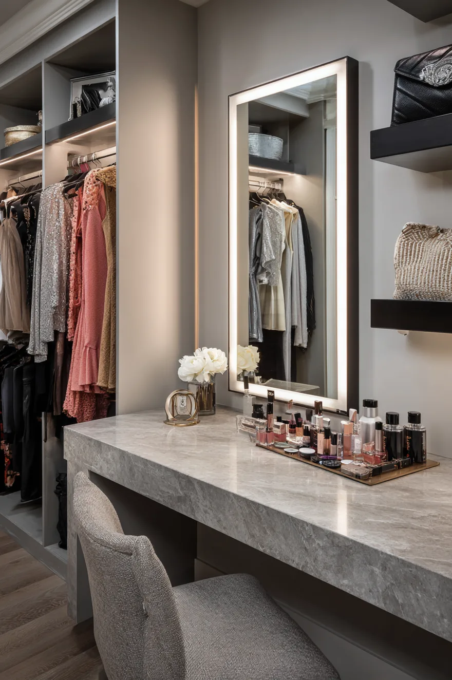 A detailed view inside a luxurious walk-in closet dressing area featuring integrated light wood cabinetry. A central mirror is flanked by open shelves displaying shoes and handbags. The main counter holds a black makeup bag, clear organizers, and perfume bottles, perfectly blended into the custom Closet structure.