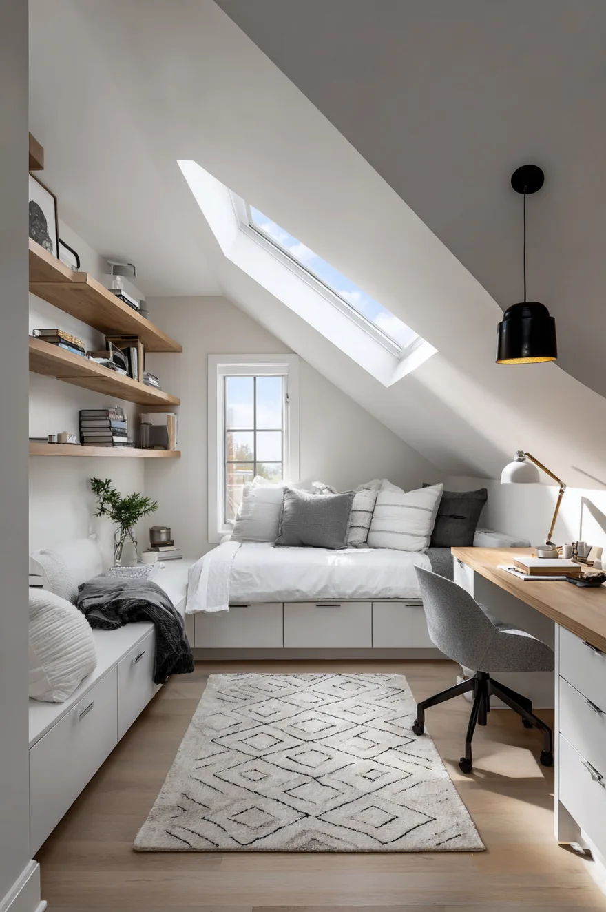 A multifunctional attic space serving as both an office and guest room. A wooden desk sits under a large skylight at the highest ceiling point, while a cozy daybed is nestled under the lower slanted ceiling, flanked by built-in white cabinets and shelves.