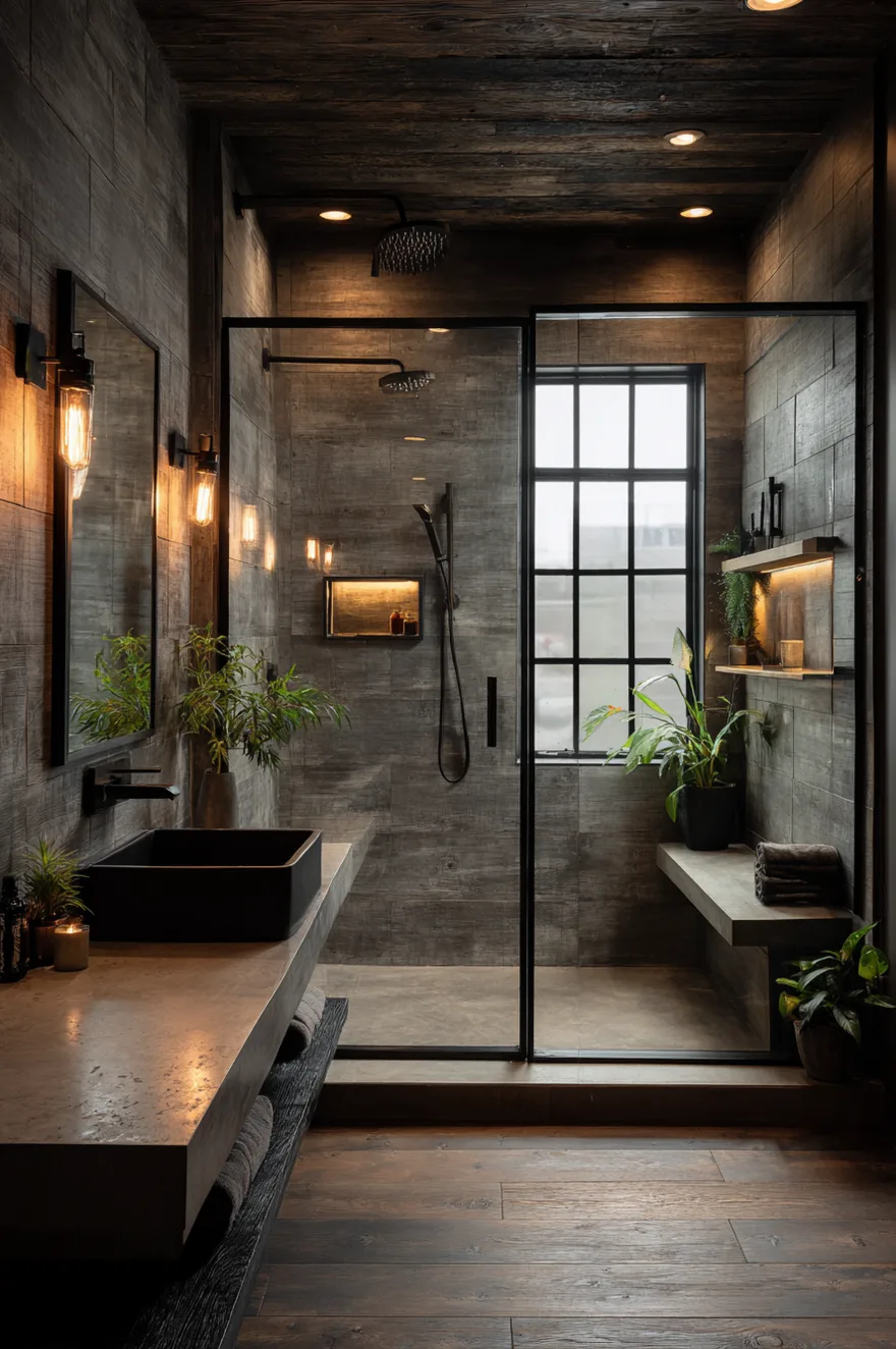 A dark industrial farmhouse bathroom with grey stone walls, a reclaimed wood slatted ceiling, a walk-in shower with black framed glass, and a concrete vanity with a matte black trough sink.