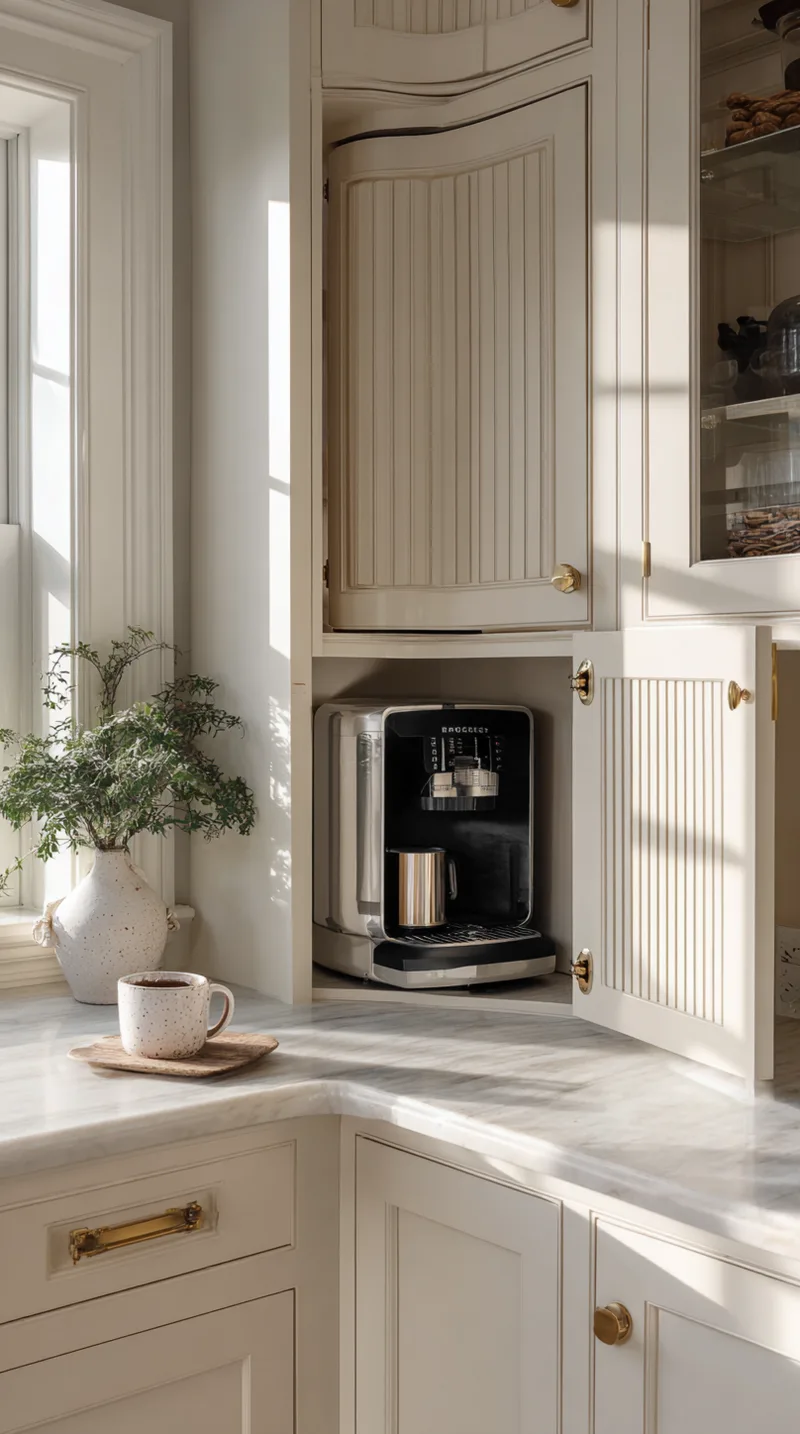 Corner kitchen cabinet with retractable door revealing a hidden coffee maker and espresso machine station.
