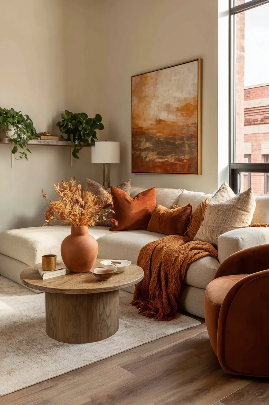 A light brown living room styled with tan walls and a tan sofa, featuring rust colored throw pillows, a terracotta throw blanket, and terracotta pottery on floating shelves.