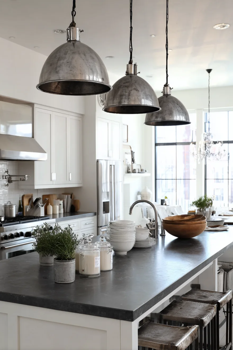 Galvanized steel industrial metal kitchen pendant lights over island in a chef's kitchen with dark countertops.