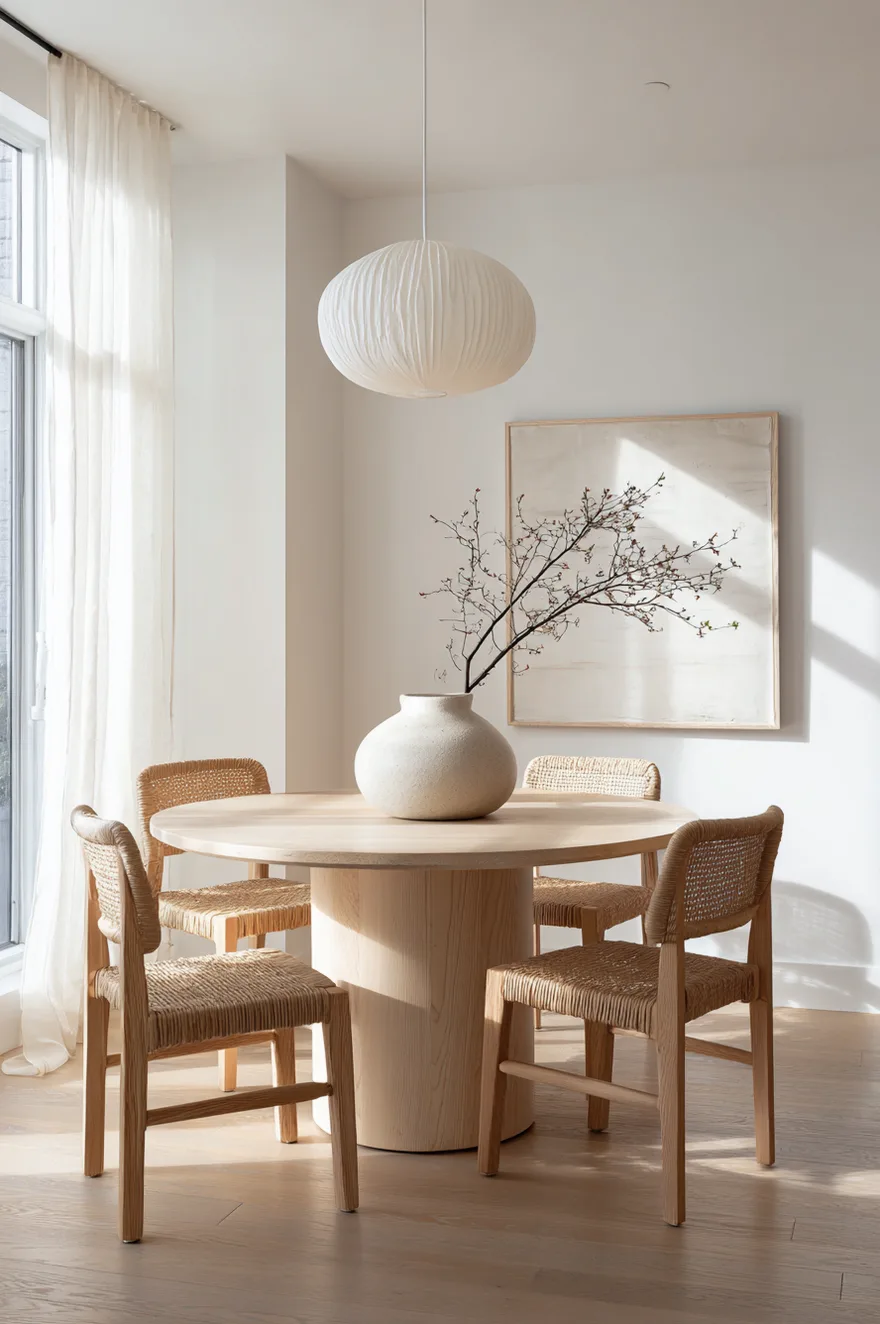 Sleek minimalist dining table with clean lines and a single sculptural centerpiece in a white room.