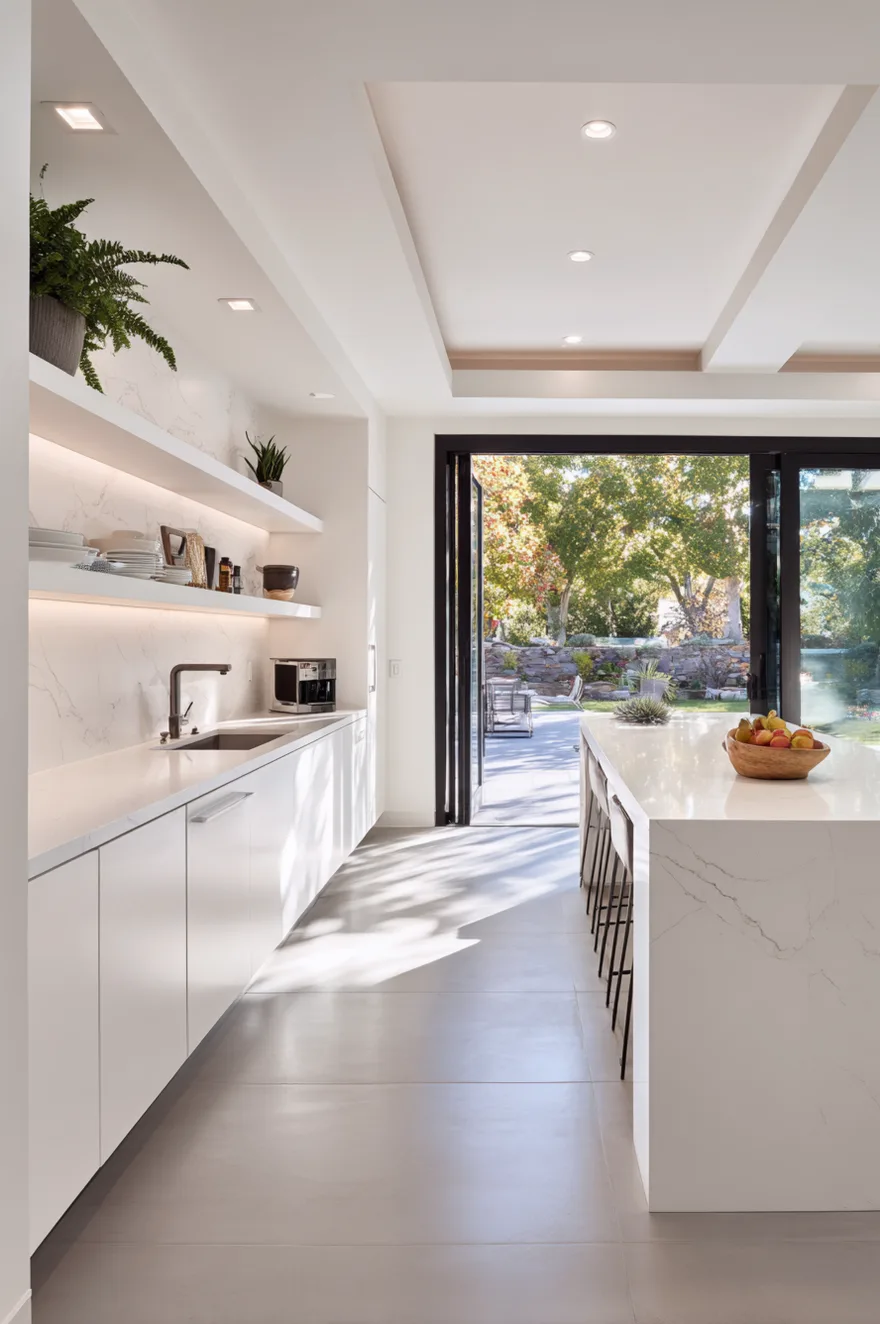 A sleek modern kitchen with flat panel white cabinets, glowing floating shelves, and a large white waterfall island. The space opens completely to an outdoor patio through massive sliding glass doors beneath a tray ceiling.