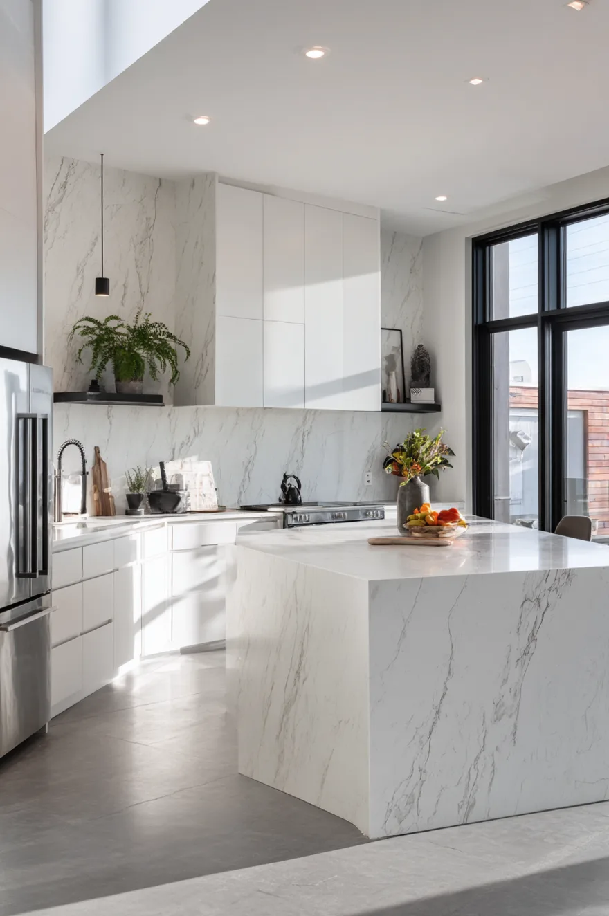 A bright modern kitchen featuring a large white marble waterfall island, flat panel white cabinets, and a matching marble backsplash. The space includes large black framed windows, minimal black floating shelves with greenery, and light grey flooring flooded with natural sunlight.