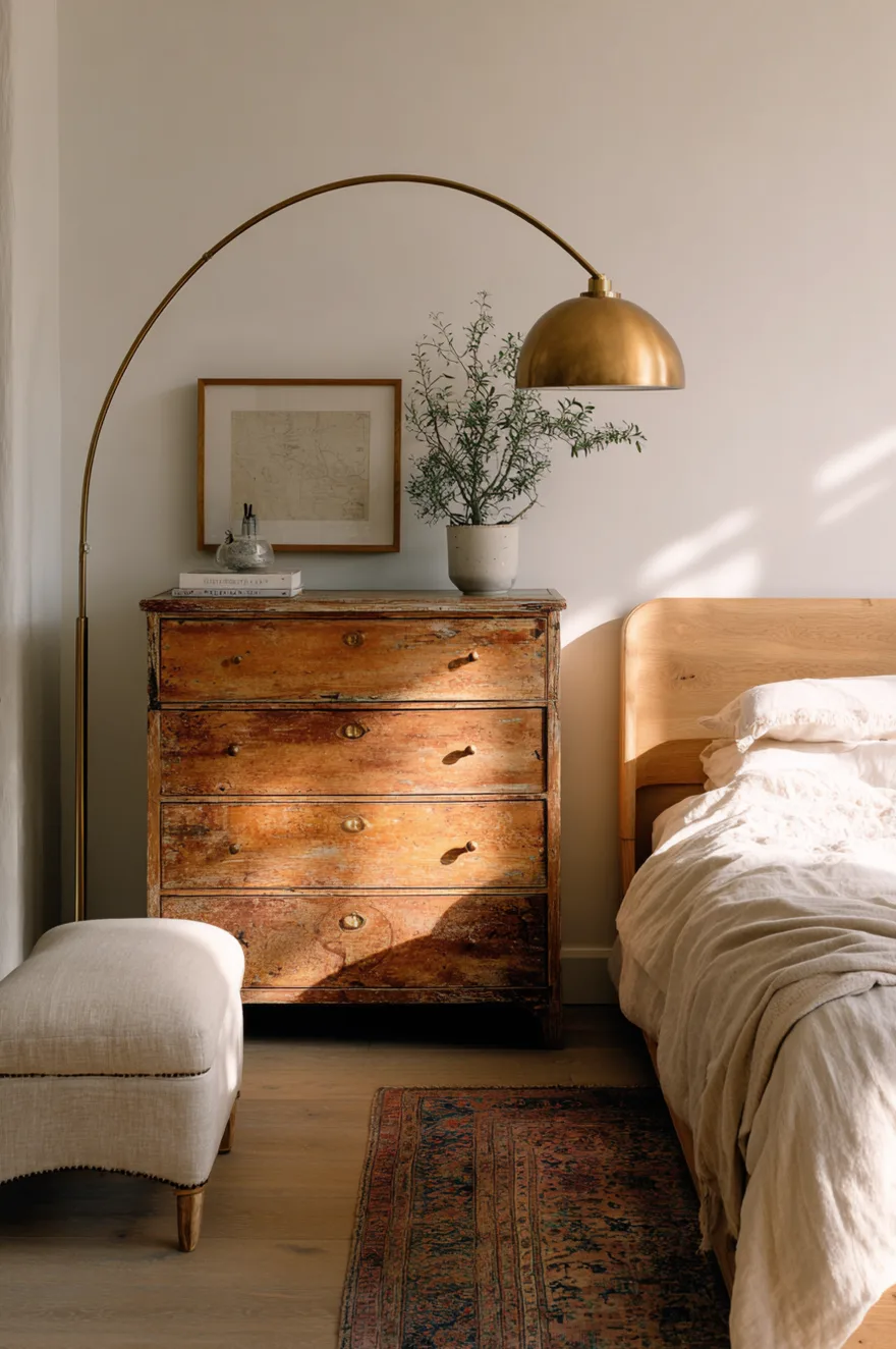 A beautifully distressed, antique wooden dresser with four drawers and brass keyhole details sits bathed in sunlight next to a modern, smooth light wood bed frame covered in white linen. A large, sweeping brass arched floor lamp curves over the dresser, illuminating a potted plant and framed vintage map on top. A small cream linen ottoman sits on the floor near a patterned vintage rug.