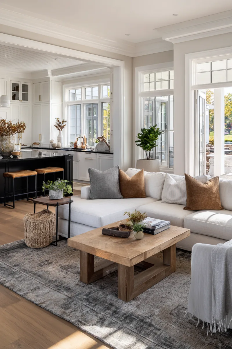 Spacious open living room anchored by a large white sectional sofa and wooden coffee table facing a black kitchen island