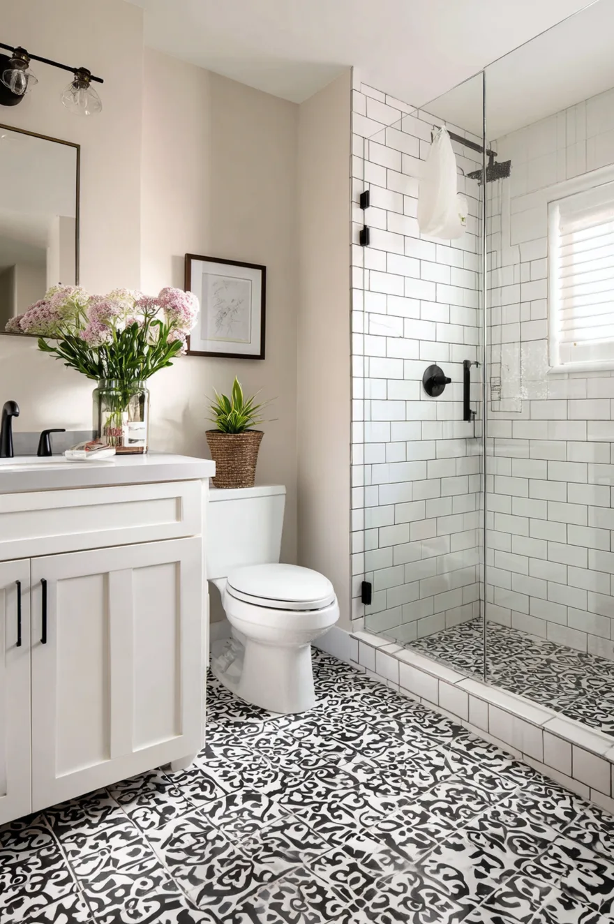 A bright and airy bathroom centered around a bold black and white patterned floor tile. The space includes a walk in shower with crisp white subway tiles and a clear glass door, alongside a white vanity and a white toilet. Pink flowers in a vase add a subtle pop of color to the neutral room.