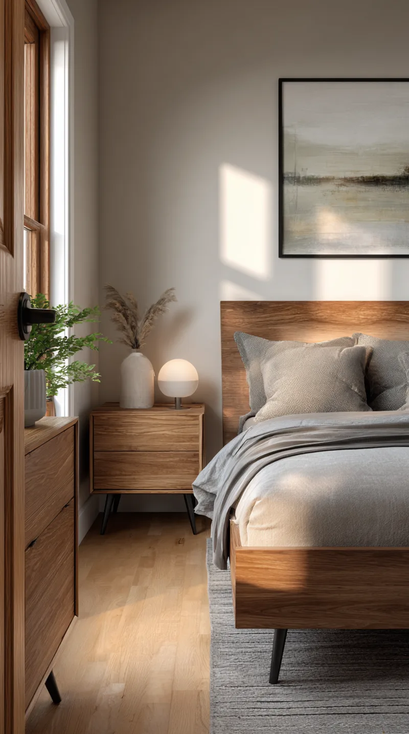 Wooden mid-century modern bed frame with visible legs and a compact matching nightstand.