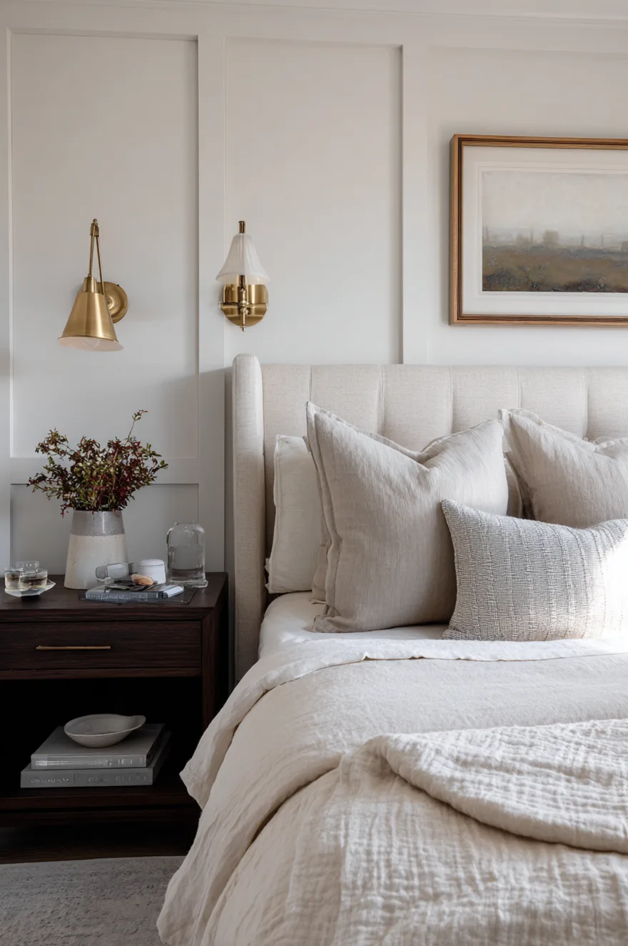 Cream upholstered headboard placed against a white paneled wall with framed landscape art. A brass wall sconce illuminates a dark wood nightstand holding stacked books, a glass of water, and a white vase with branches. The bed features soft beige and white linen pillows.