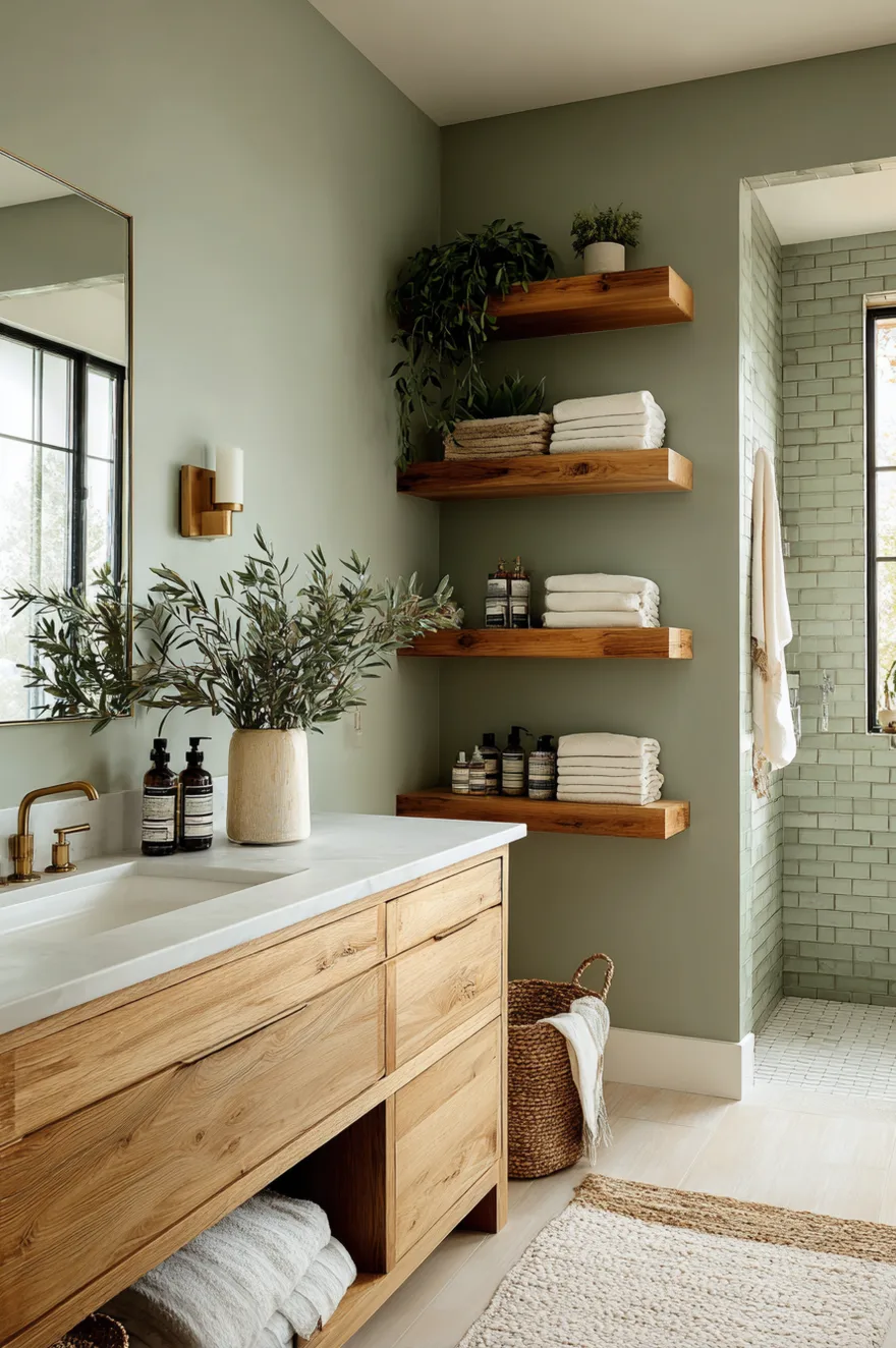 A modern farmhouse bathroom featuring soft sage green walls, a light wood double vanity with a white countertop, and natural wood floating shelves holding folded towels and apothecary bottles. A clear glass shower with green subway tile is visible in the background.