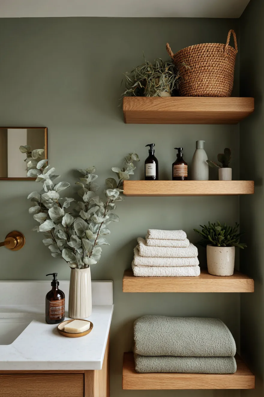A corner view of a bathroom vanity and floating wood shelves against sage green walls. The shelves hold stacked white towels and glass bottles, while the white countertop features a ribbed vase filled with eucalyptus leaves and a brass faucet.