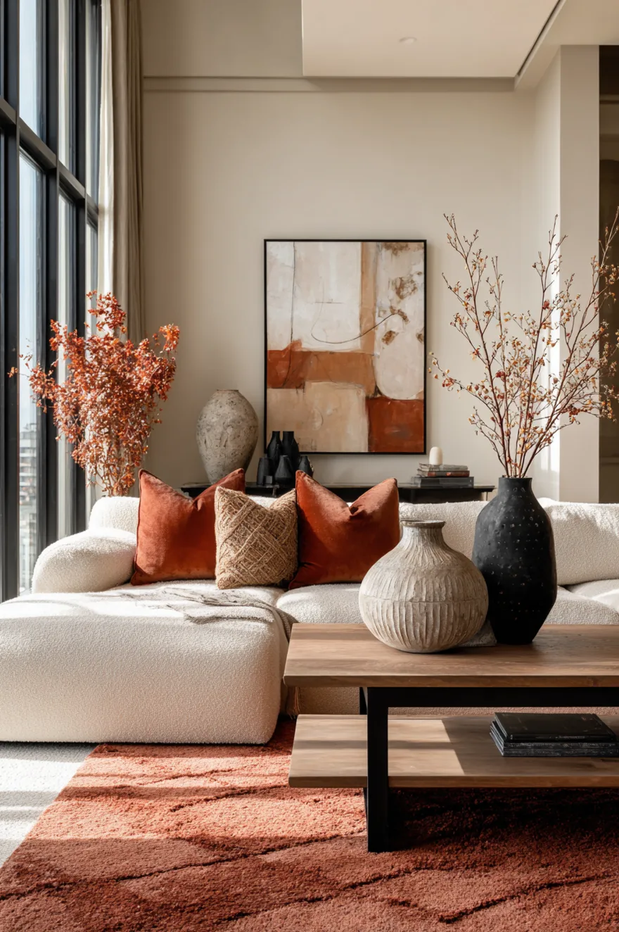 A warm living room featuring a textured terracotta orange rug underneath a white boucle sofa with rust velvet pillows and a wood and metal coffee table.