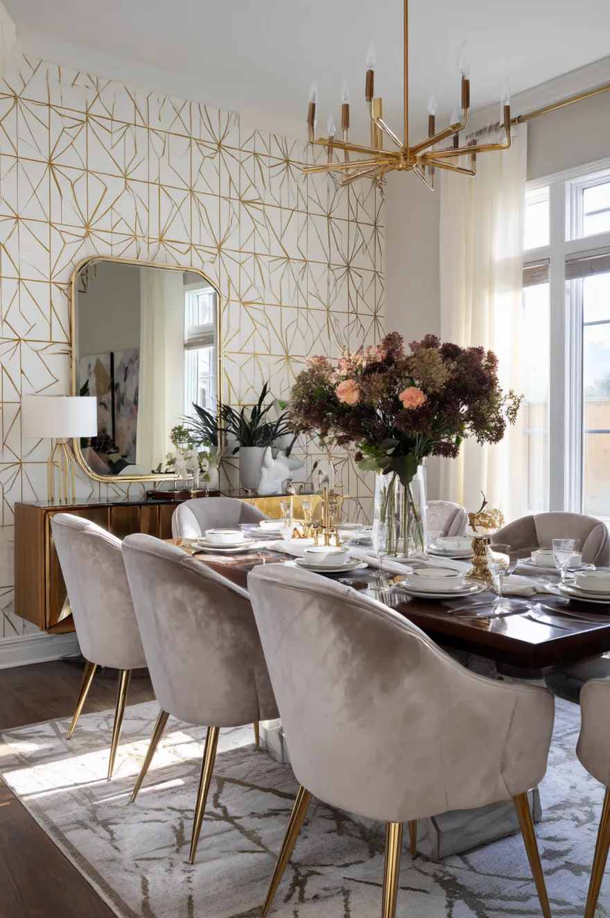 An accent wall is covered in deep blue wallpaper featuring a shimmering gold geometric fan and arc pattern. A round gold-framed mirror hangs above a black console table holding a brass table lamp and a potted succulent.