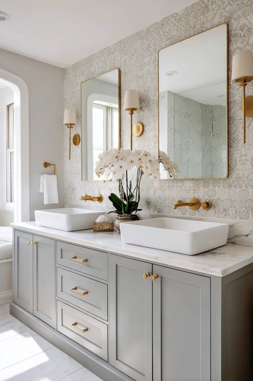 A traditional yet modern bathroom featuring a grey painted double vanity with gold hardware and a white marble countertop. Two rectangular white vessel sinks are paired with gold wall-mounted faucets. Two brass-framed rectangular mirrors and matching wall sconces hang against a subtly patterned accent wall.