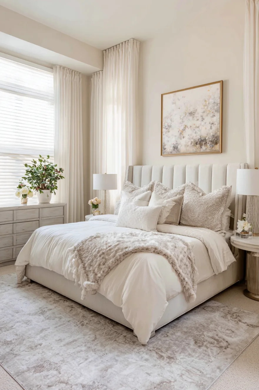 Elegant master bedroom with floor-to-ceiling white layered curtains and blinds for light control on a large window.