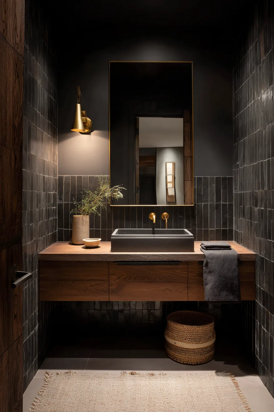 Charcoal glazed brick tile on the lower half of a guest bathroom wall with a white oak floating vanity above and a single articulating brass wall sconce casting warm light.