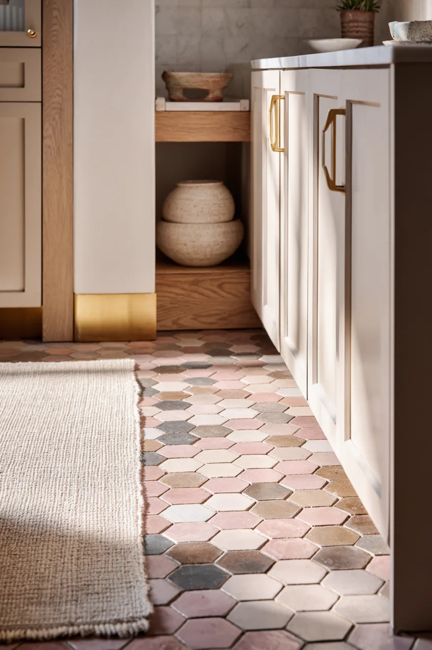 Zellige-influenced hexagon geometric tile kitchen floor in dusty rose, sand, and mushroom earth tones meeting a raw oak toe kick beside cream shaker cabinets in warm morning light.