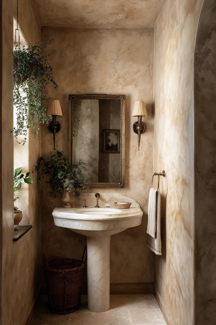 Powder room walls and ceiling wrapped in warm mushroom Venetian plaster with a petite bone-white pedestal sink, oversized antique brass mirror leaned against the wall, and a trailing plant.