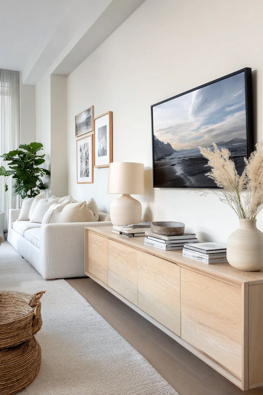 Clean modern TV console with completely hidden cords, a cable raceway painted to match the wall, a ceramic lamp, a stack of books, and a trailing plant on a warm oak surface.