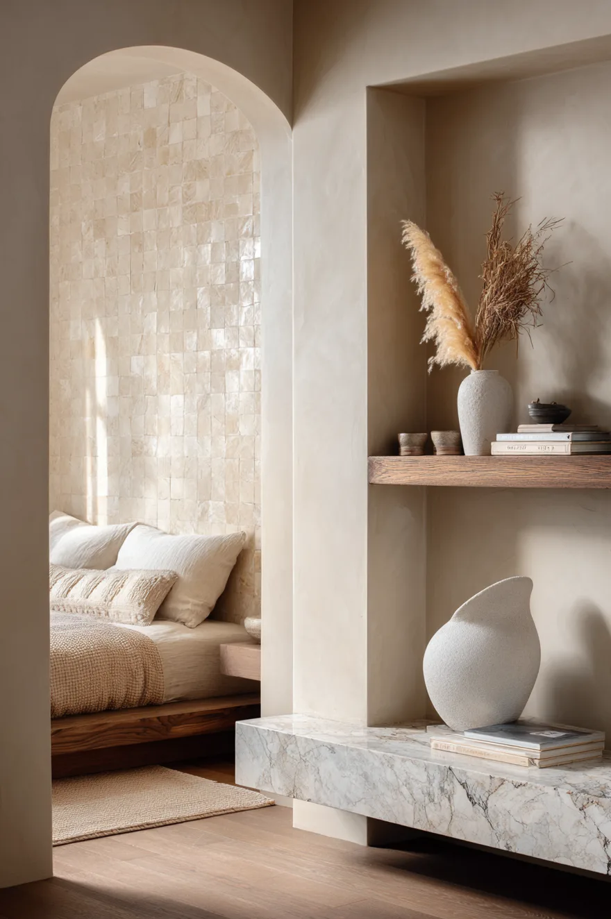 Thick marble floating shelf in a bedroom alcove backed by a warm ivory zellige tile panel holding a white plaster vase and a single dried pampas stem.