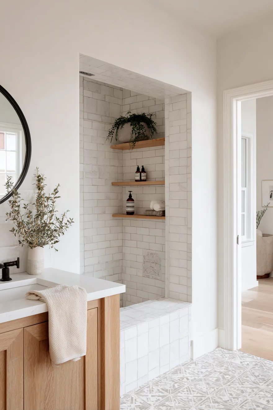 Walk in shower with half wall in white oak and honed soapstone cap, doubling as an open shelf, with white large-format tile and matte black fixtures.