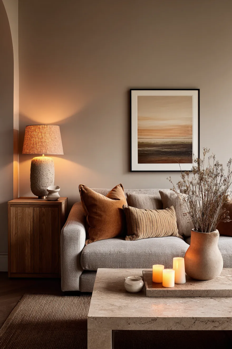 Warm amber table lamps glowing across a neutral living room with a honey white oak media unit, travertine coffee table, ochre linen cushions, and two small candles.