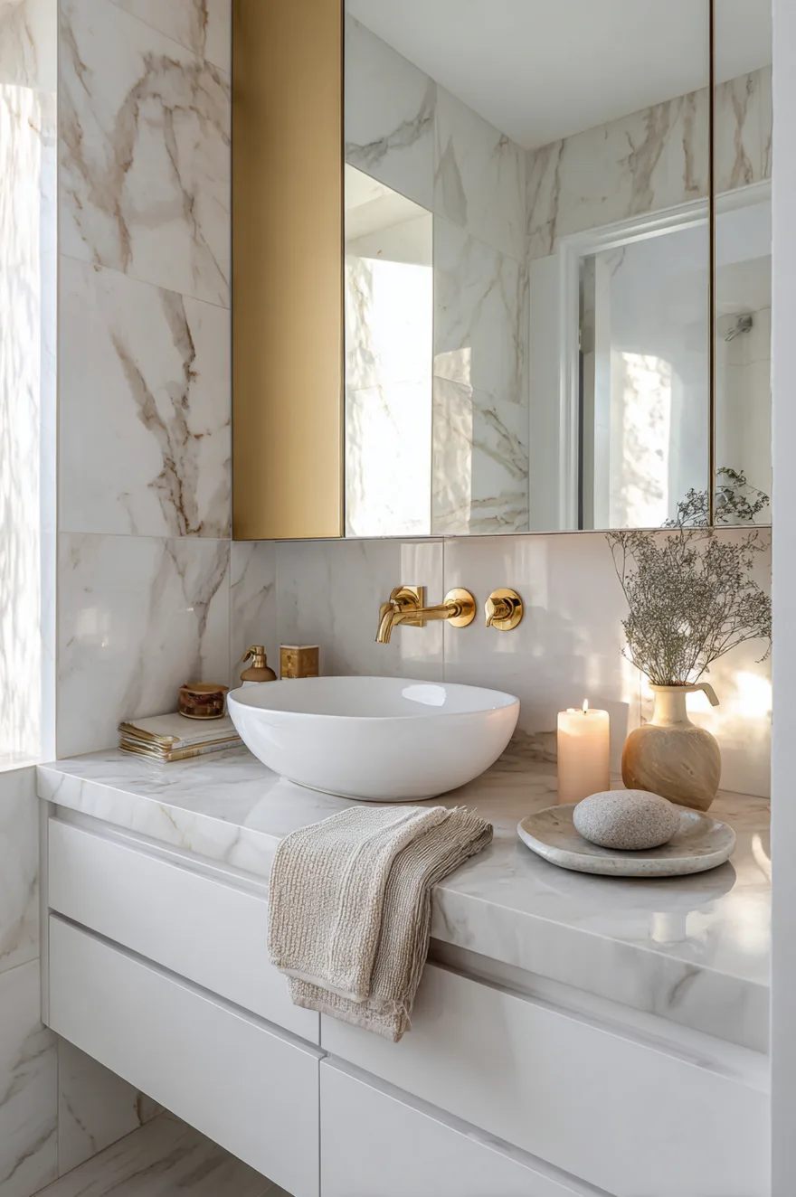 Full-wall mirror from vanity top to ceiling doubling light in a small bathroom with a marble-top floating vanity, white ceramic vessel sink, and brushed brass fixtures.