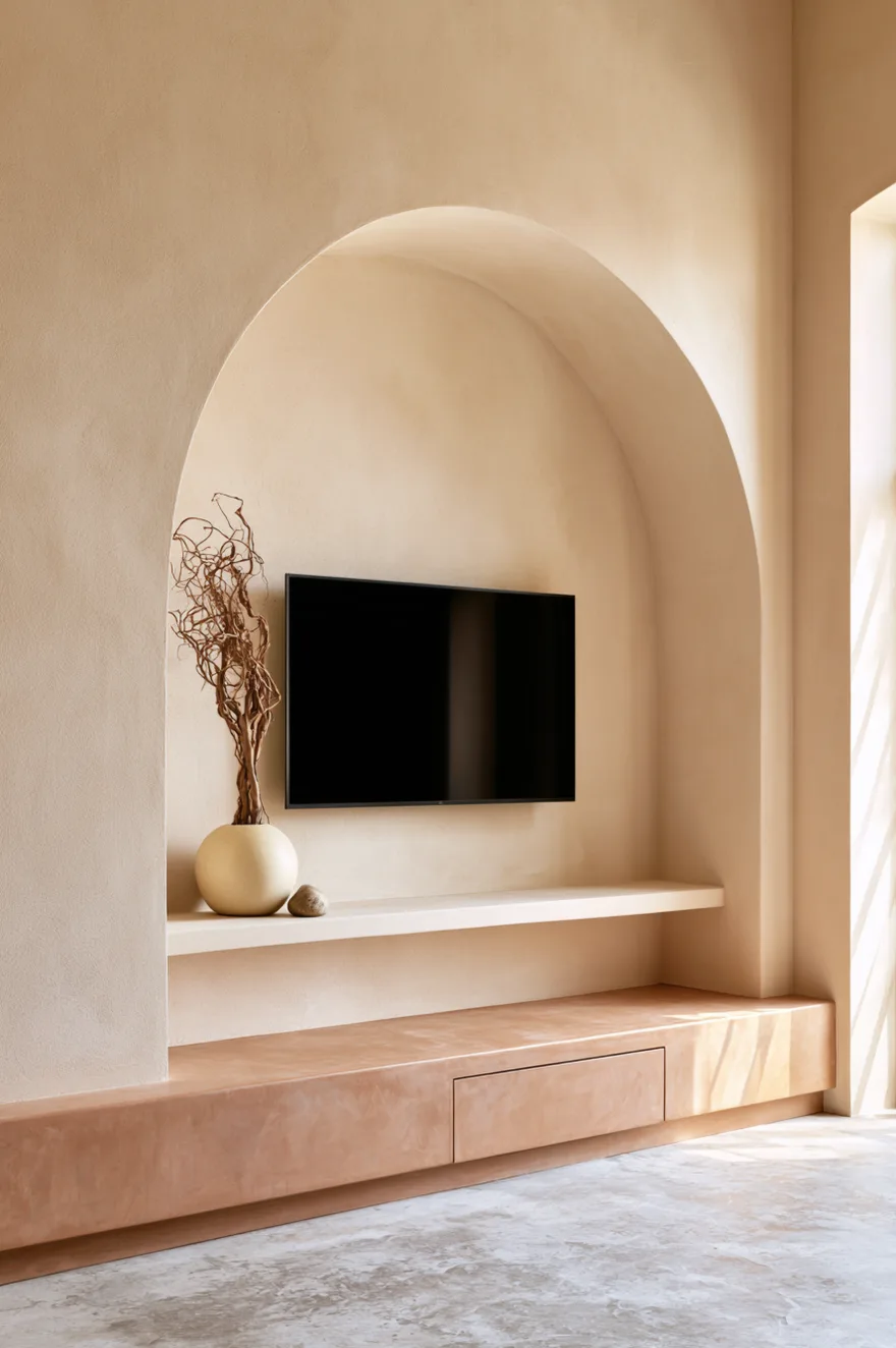 Minimalist architectural feature wall made of smooth, warm sandy-beige plaster with a grand built-out deep archway niche. A television screen is mounted inside the recessed arch curve. A built-in plaster shelf spans the bottom of the niche reveal, holding a simple round cream ceramic vase with wild, curly bare branches and a smooth river pebble. Below, a very long, low-profile built-in terracotta plaster console unit with a hidden drawer rests on a light microcement floor catching natural window shadows.