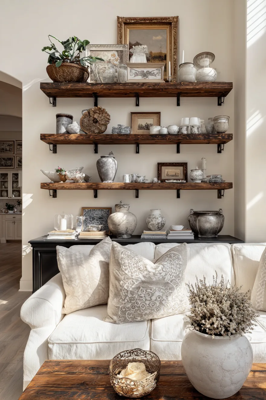 Three dark wood floating shelves are mounted on a white wall above a white sofa. The shelves are styled with a collection of white ceramics, framed landscape art, and decorative pottery, creating a curated display of vintage and antique finds.