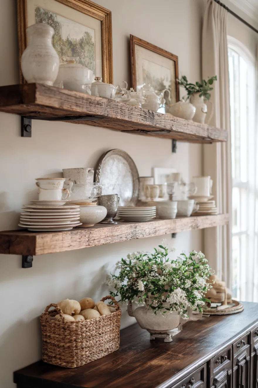 A close-up of three thick, rustic wood floating shelves mounted on a light gray wall. The shelves are filled with curated collections of white ceramics, including teapots, pitchers, and stacked plates. On the dark wood cabinet below, a large vase of white flowers sits next to a woven basket of potatoes, adding a practical and organic touch.