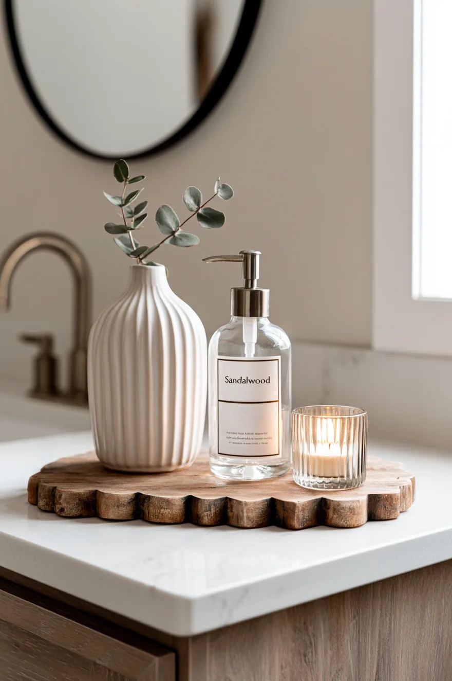 Scalloped edge wood riser on a white marble counter holding a ribbed white ceramic vase with a eucalyptus sprig, a clear glass sandalwood soap dispenser, and a lit ribbed glass candle.
