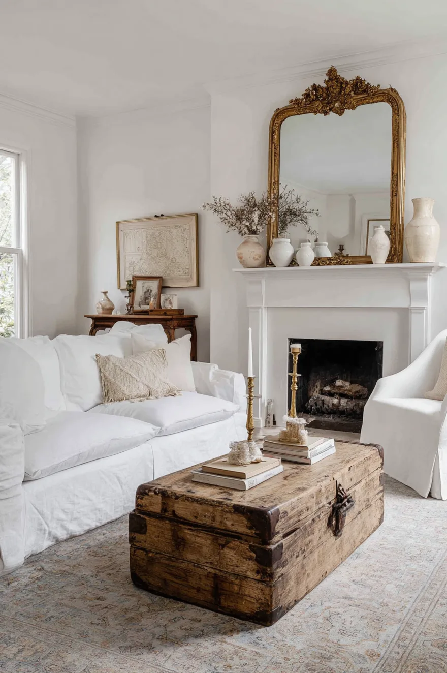 Modern white living room mixing a slipcovered sofa with a rustic wooden trunk coffee table and oversized antique gold mirror.