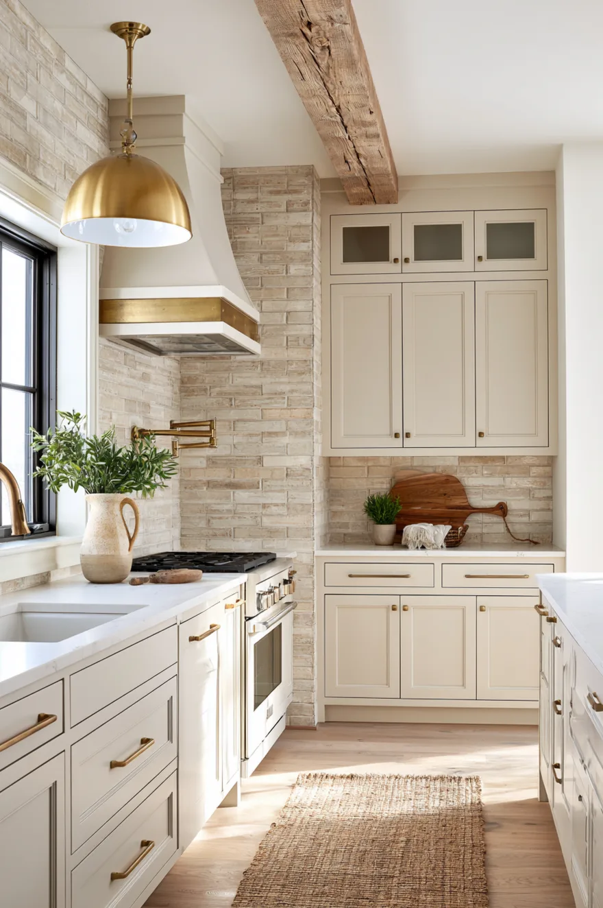 Textured warm beige brick-look subway tile backsplash running full-height around a white range hood, cream cabinets, heavy brass pendant light, brass pot filler.