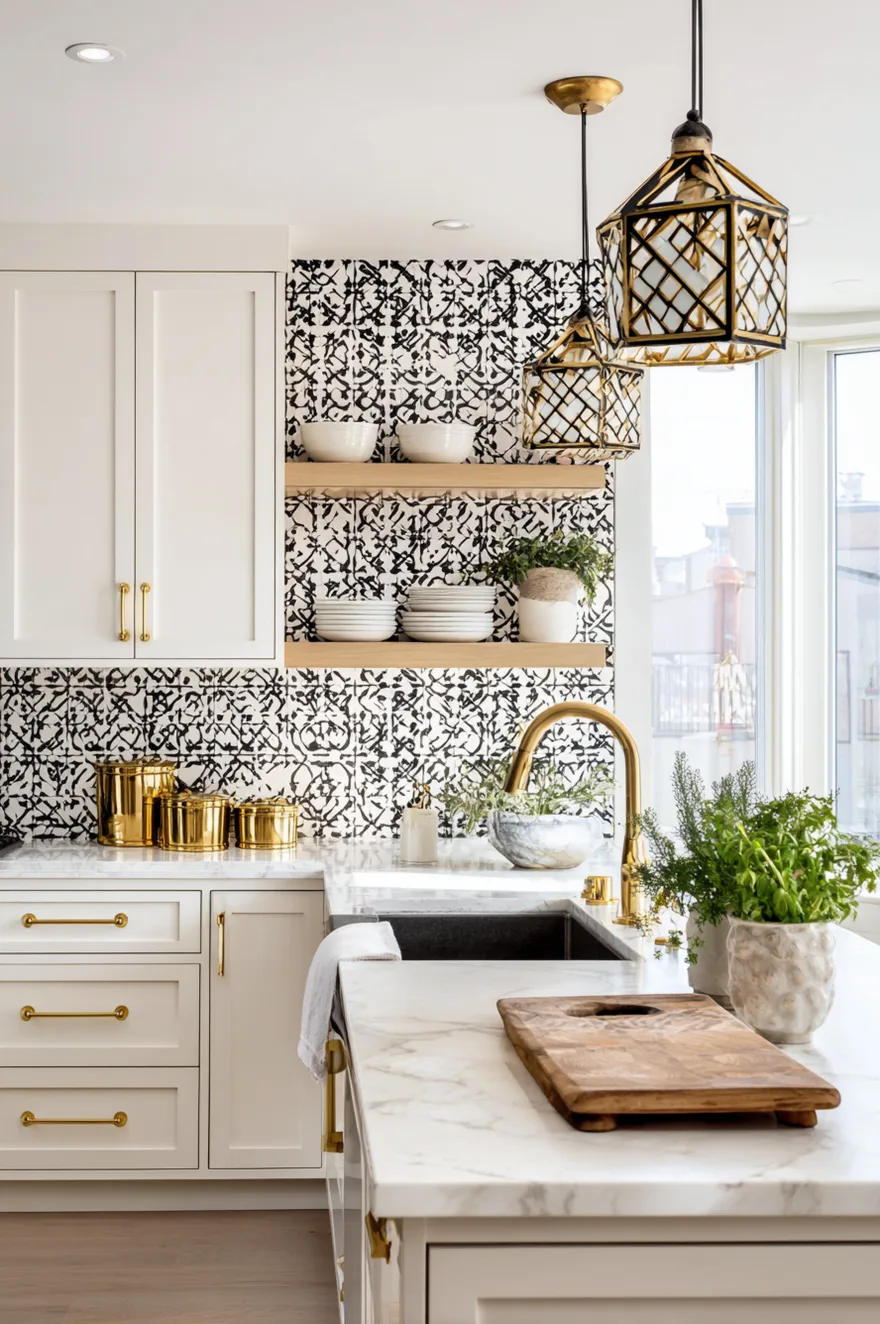 Modern kitchen featuring white shaker cabinets accented with gold fan-shaped hardware pulls. The backsplash is emerald green subway tile laid in a bold chevron pattern. A brass geometric globe pendant light hangs above white quartz countertops near a brass faucet and potted basil.