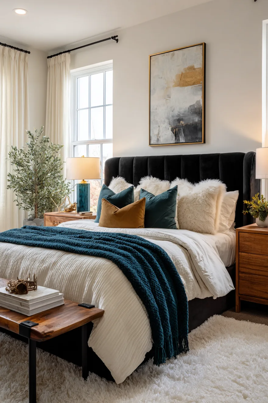 A bedroom with a black channel tufted headboard against light neutral walls. The bed is layered with white linens, dark teal velvet pillows, a rust lumbar pillow, and a dark teal knit blanket, with a wood bench at the foot.