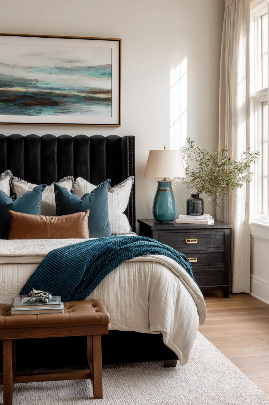 A bright bedroom featuring a black channel tufted bed frame and headboard. The styling includes white bedding, dark teal velvet pillows, a brown leather lumbar pillow, a teal blanket, and a teal ceramic lamp on a dark wood nightstand.