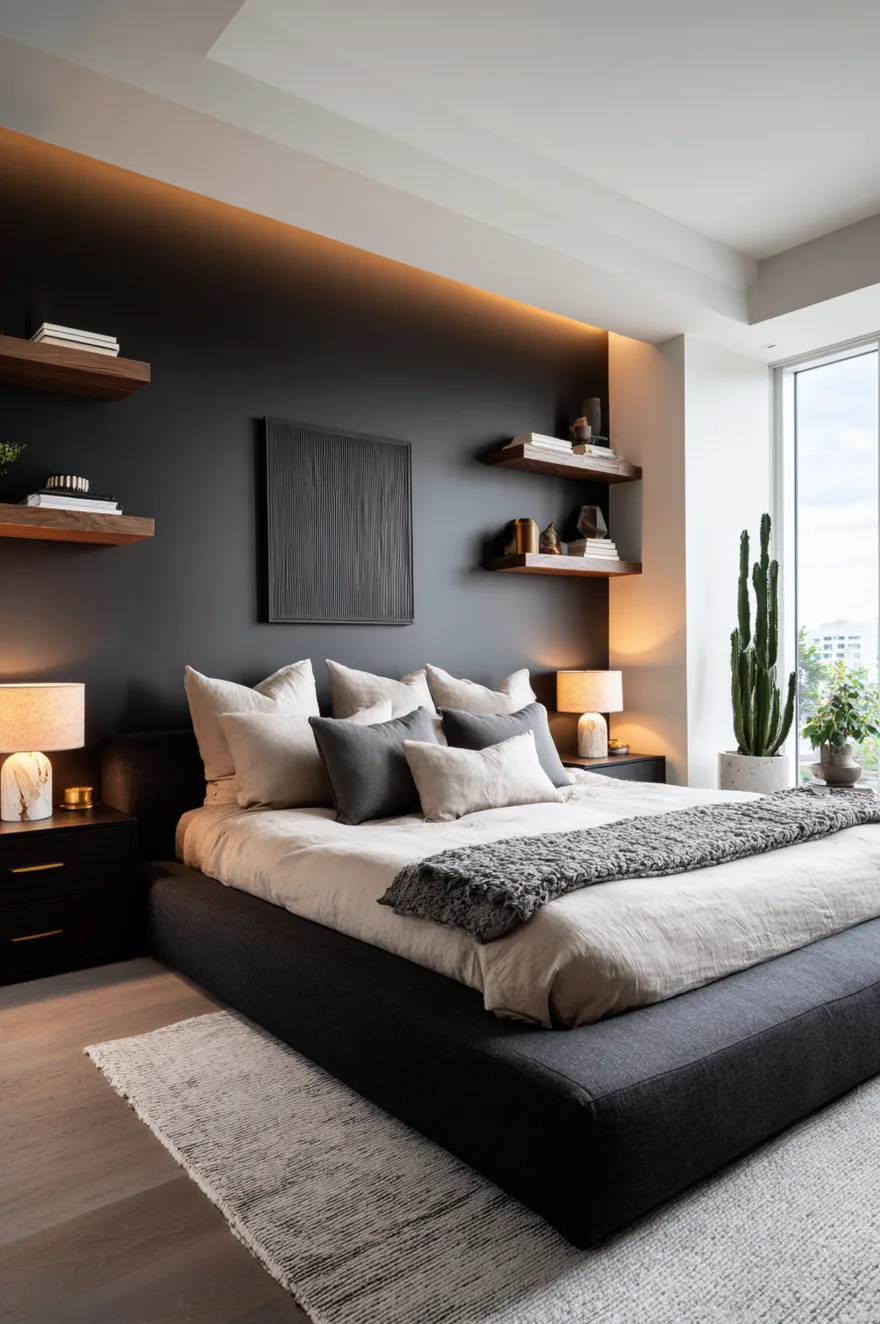 A modern masculine bedroom featuring a dark grey low platform bed against a black accent wall with warm LED ceiling lighting. The space is styled with dark wood floating shelves, light grey linen bedding, black nightstands, and a tall cactus near the window.